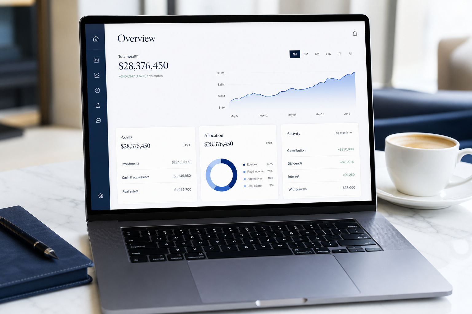 Laptop showing a light investment dashboard on a marble desk